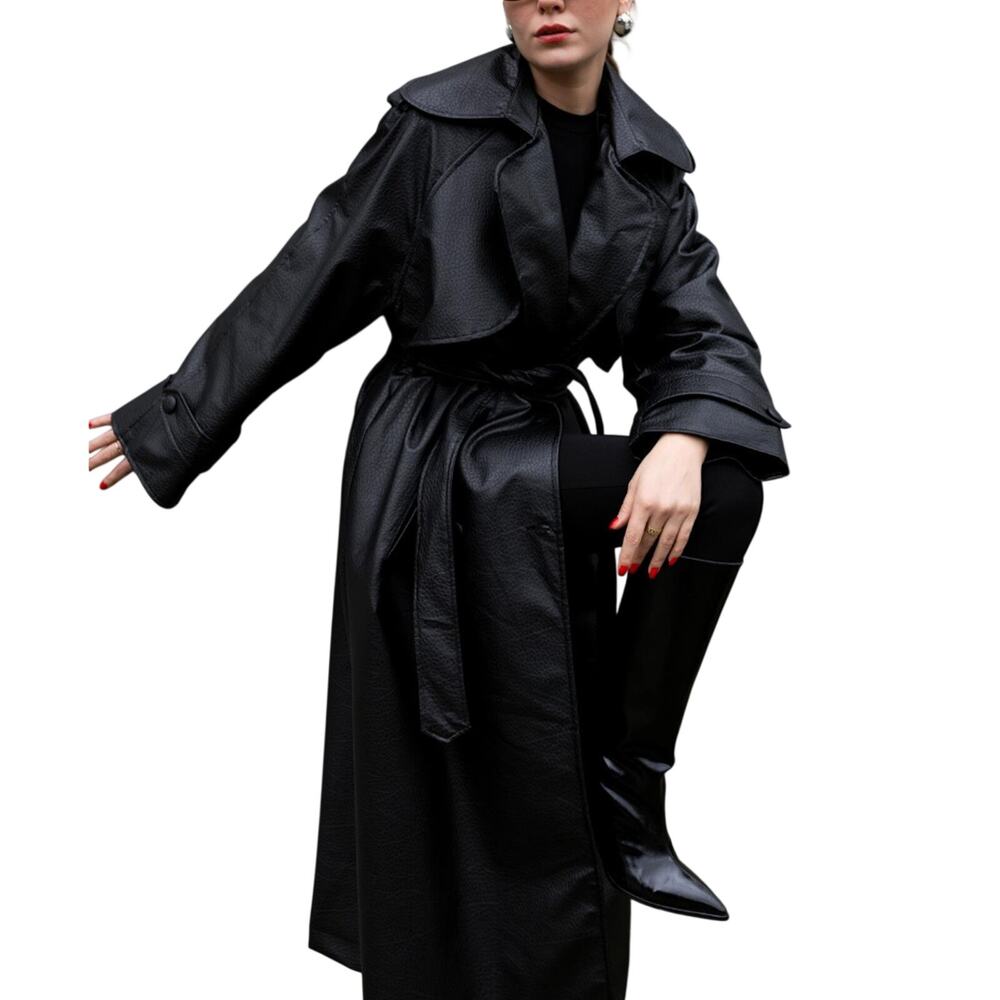 Black Faux Leather Trench Coat Women Long Belted Classic Jacket Stylish - Picture 4 of 12